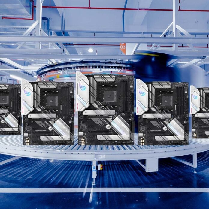 A production line, filled with Asus ROG motherboards.