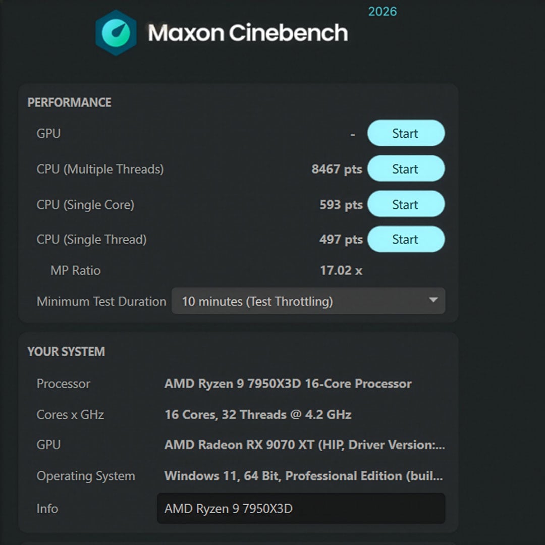 A screenshot of results for Cinebench 2026, using a Ryzen 9 7950X3D.
