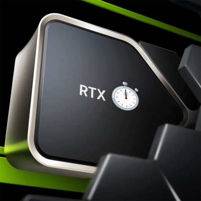 Nvidia GeForce Now key art, with a stopwatch superimposed on top of a 3D render for an RTX 4080.