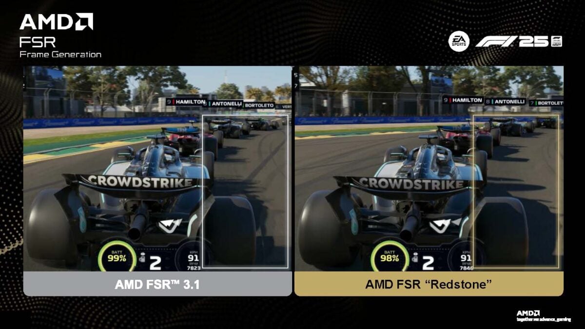 Two screenshots from F1 25 comparing the image quality of FSR Frame Generation, with FSR 3.1 (left) and FSR "Redstone" (right).