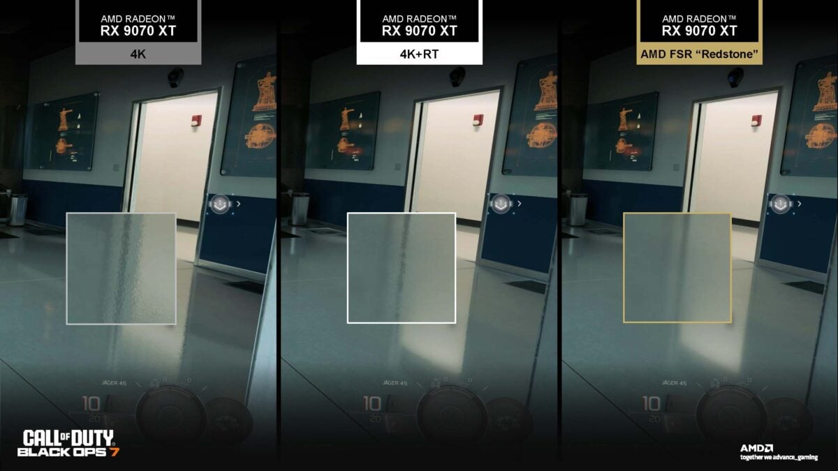 Three screenshots from Call of Duty Black Ops 7 comparing the quality of FSR Ray Regeneration, with no ray tracing (left) and native rendering (centre), and FSR "Redstone" (right).