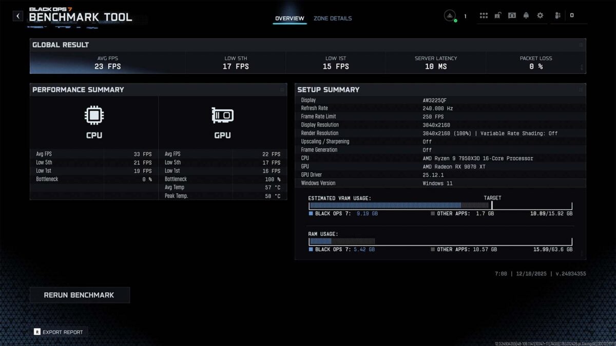 A screenshot of a Call of Duty Black Ops 7 benchmark tool results screen, reflecting performance using FSR Ray Generation.