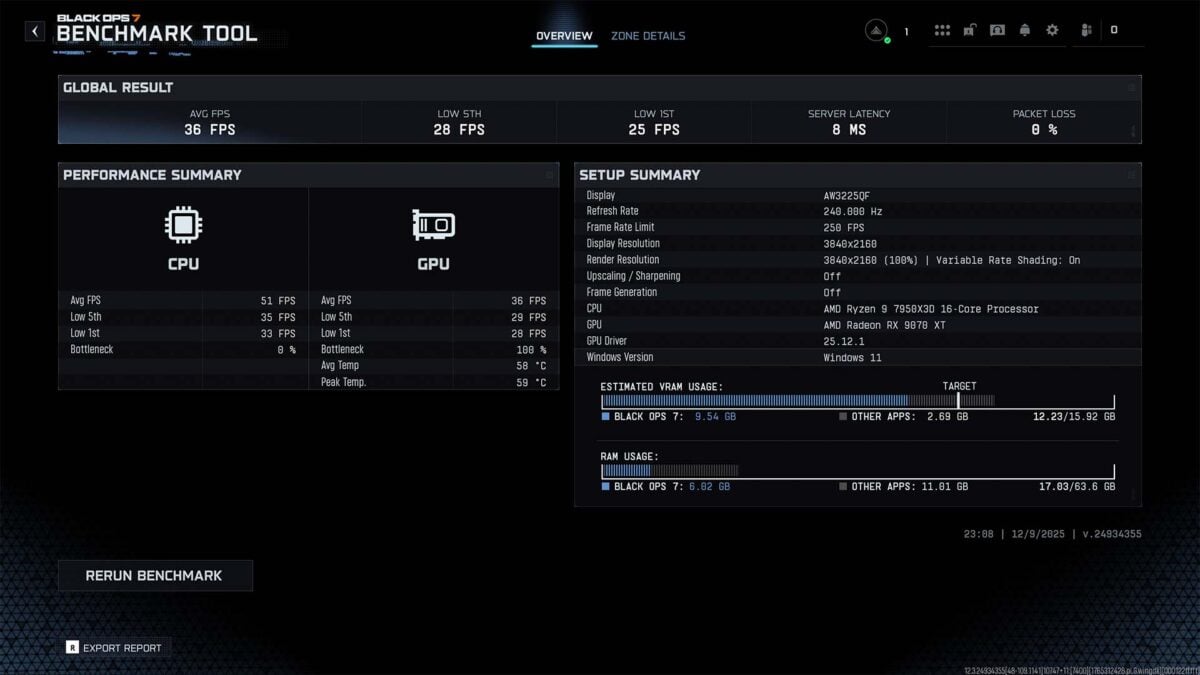 A screenshot of a Call of Duty Black Ops 7 benchmark tool results screen, reflecting native performance.