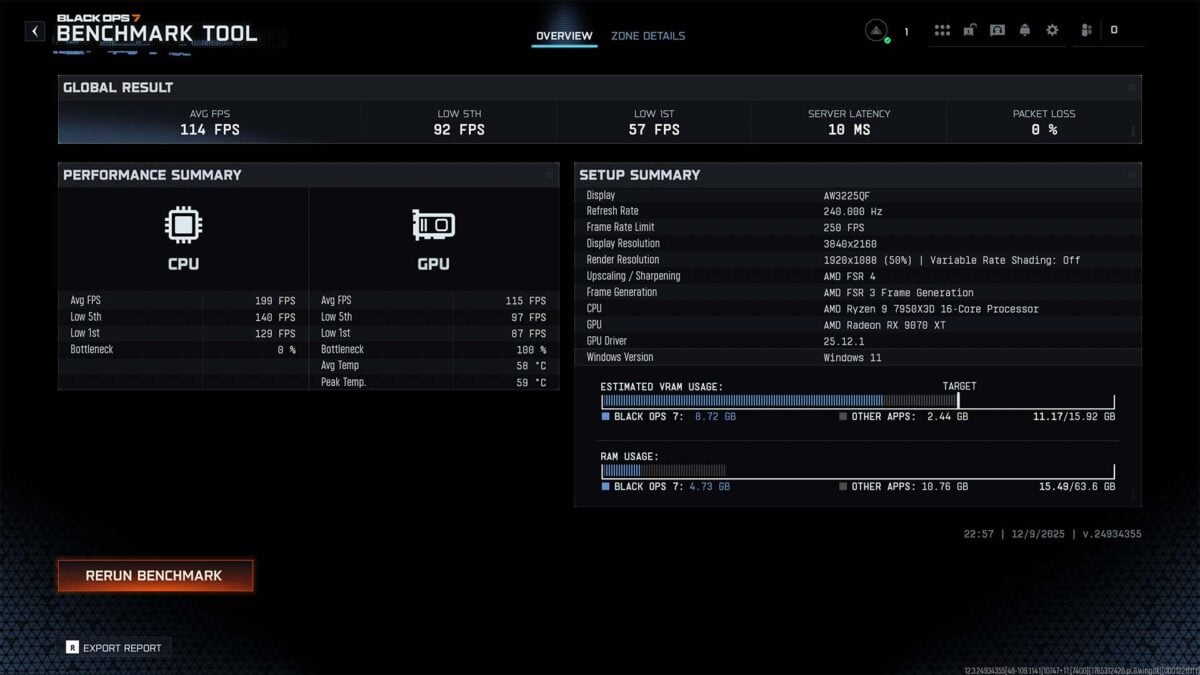 A screenshot of a Call of Duty Black Ops 7 benchmark tool results screen, reflecting FSR Redstone performance.