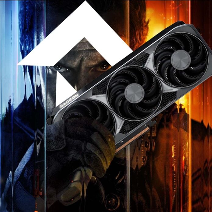 A AMD logo superimposed over the face of a Call of Duty character, their gun replaced with a Radeon RX 9000 series graphics card.
