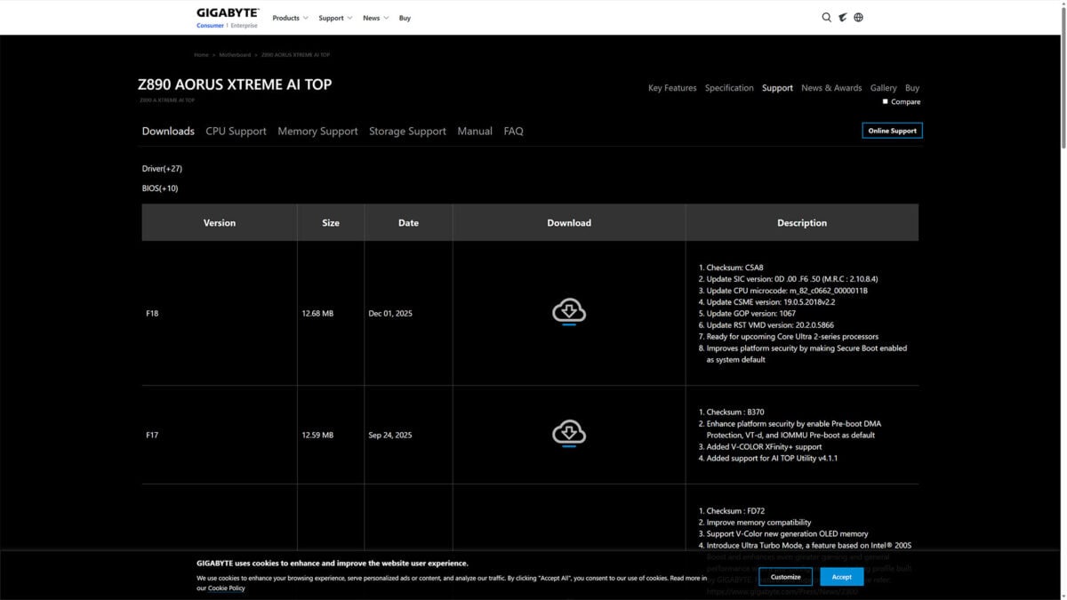 A screenshot from the Z890 Aorus Xtreme AI TOP support page, which includes a new BIOS file with references to new Intel Core Ultra 2 series processors.