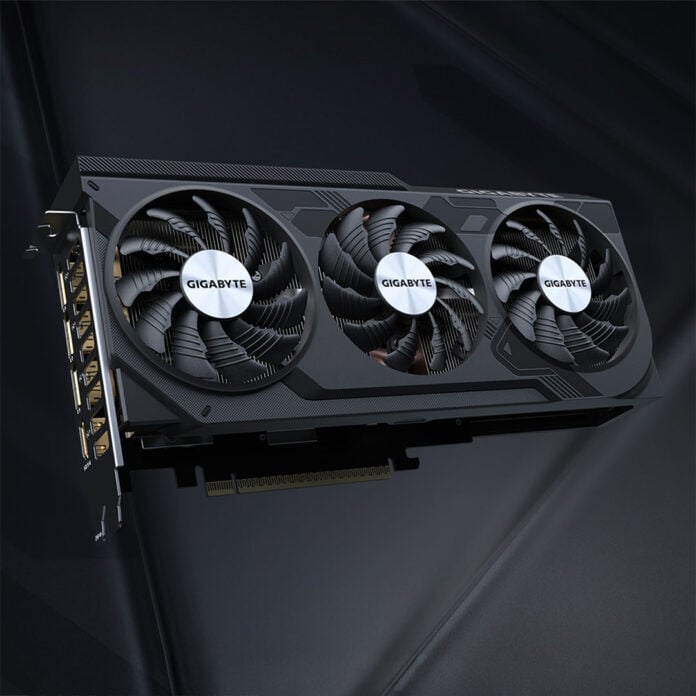 A Gigabyte GeForce RTX 5070 Ti Windforce OC V2 16G graphics card, floating against a grey backdrop.