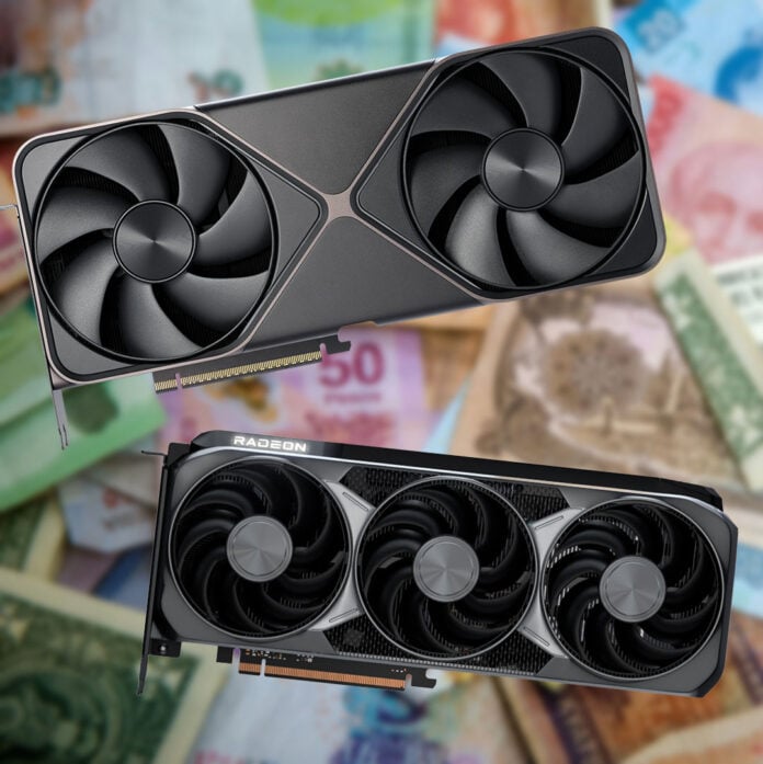 An Nvidia GeForce Founders Edition graphics card (top) and AMD Radeon RX 9000 series card (bottom) floating above a blurry pile of money.