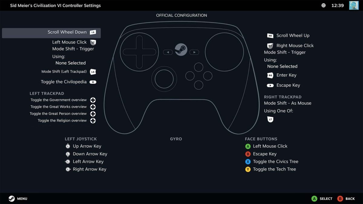 A screenshot of Steam UI, showing controls mapped to a Steam Controller for Sid Meier's Civilization VI.