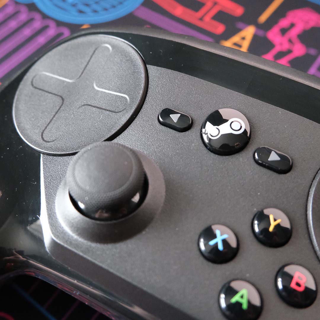 A close-up of the left side of a Steam Controller.