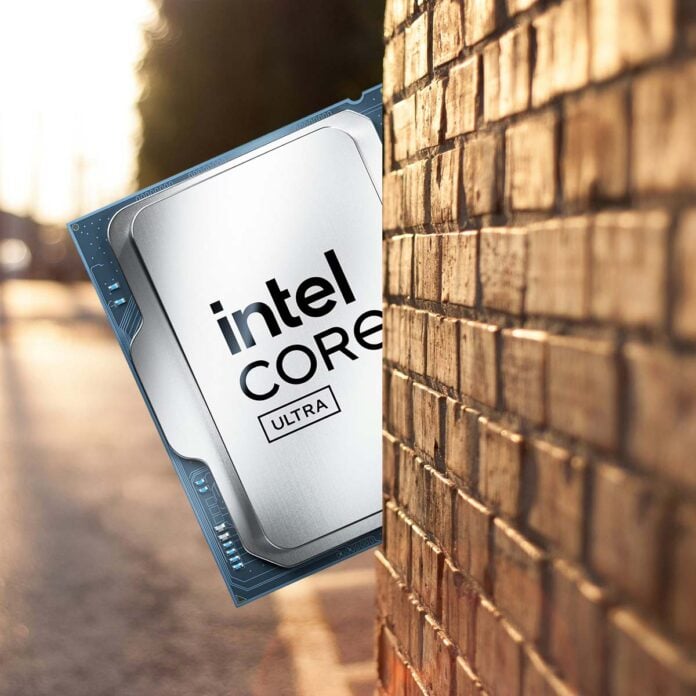 An Intel Core Ultra processor, peeking around from behind the corner of a brick wall.