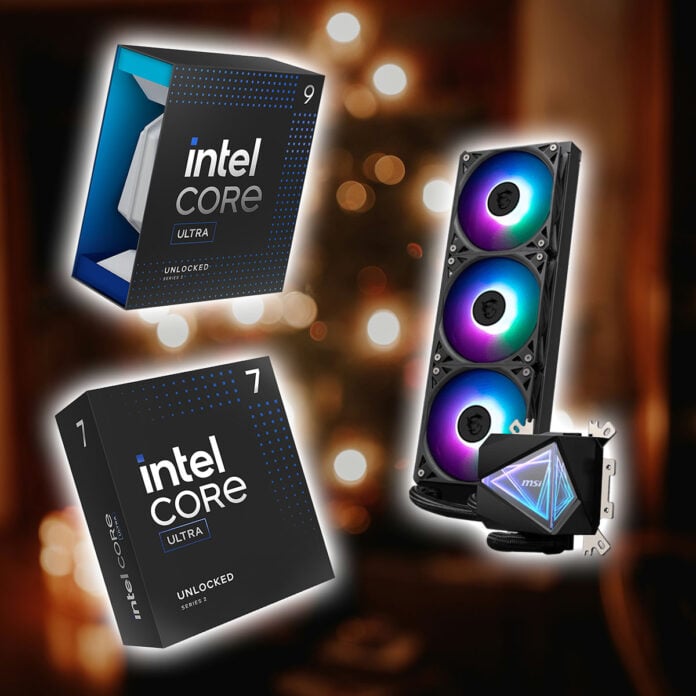 Two Intel Core Ultra 200 Series processors in their retail packaging (left) floating against a blurry Christmas background, next to an MSI MAG CoreLiquid I360 ARGB (right).
