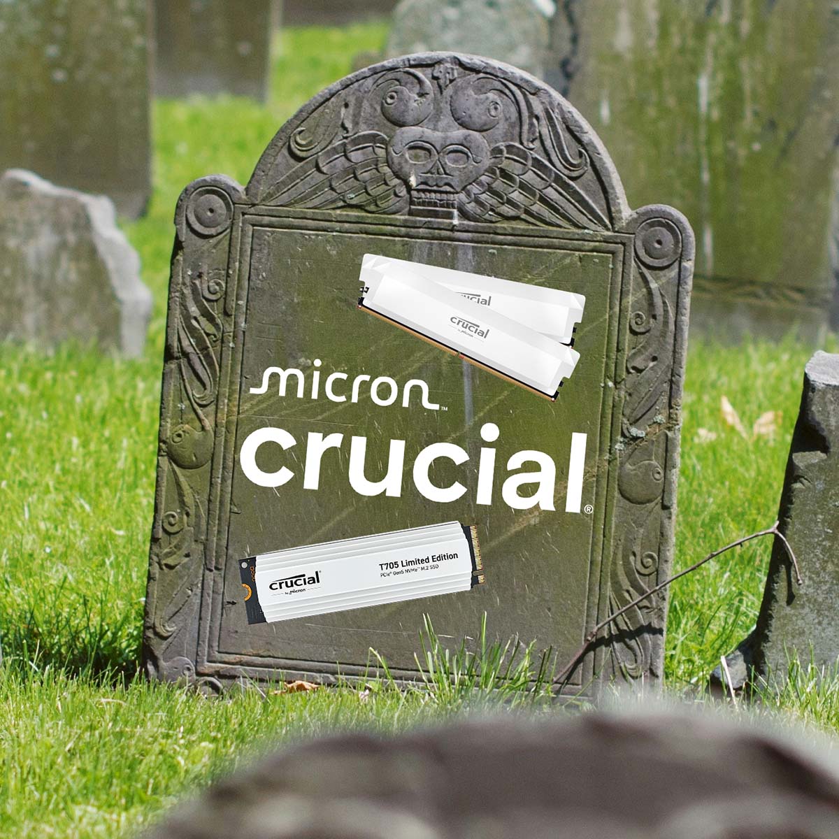 A gravestone with 'micron Crucial' branding (middle) alongside images of a Crucial SSD (bottom) and RAM kit (top).