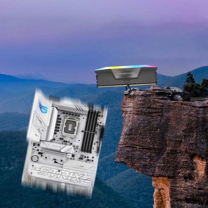 A DRAM module with legs stands over a cliff edge, watching an Asus motherboard fall downwards.
