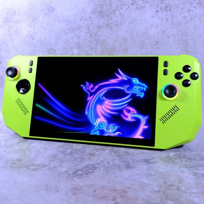 The MSI Claw A8 standing upright against a porcelain backdrop.