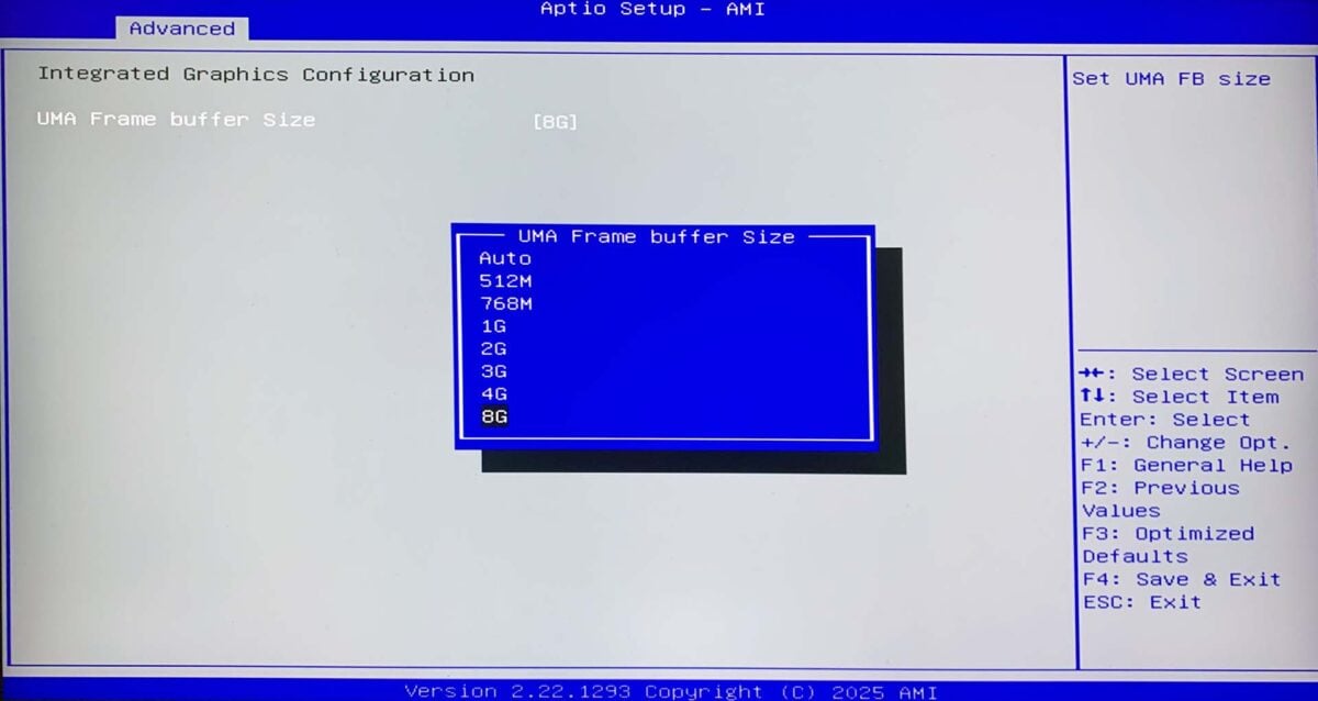 MSI Cubi Z AI 8M review: BIOS frame buffer menu