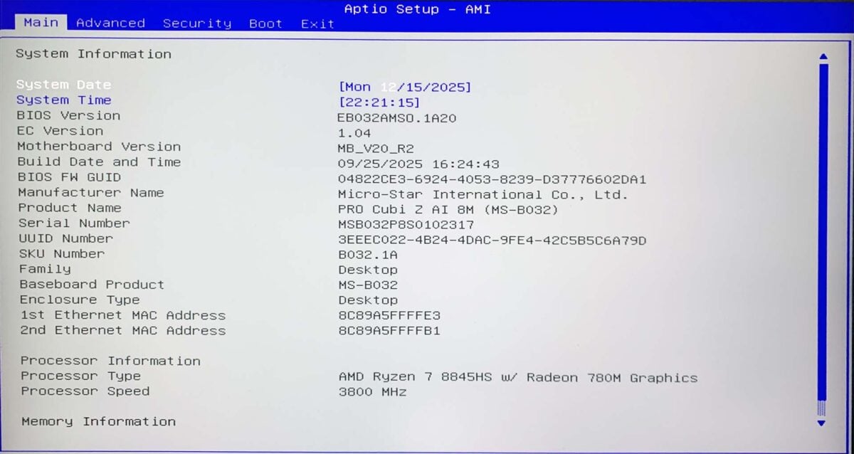 MSI Cubi Z AI 8M review: BIOS main menu