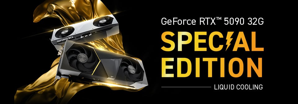 A banner showcasing GeForce RTX 5090 32G Special Edition 'Liquid Cooling' graphics cards by MSI.