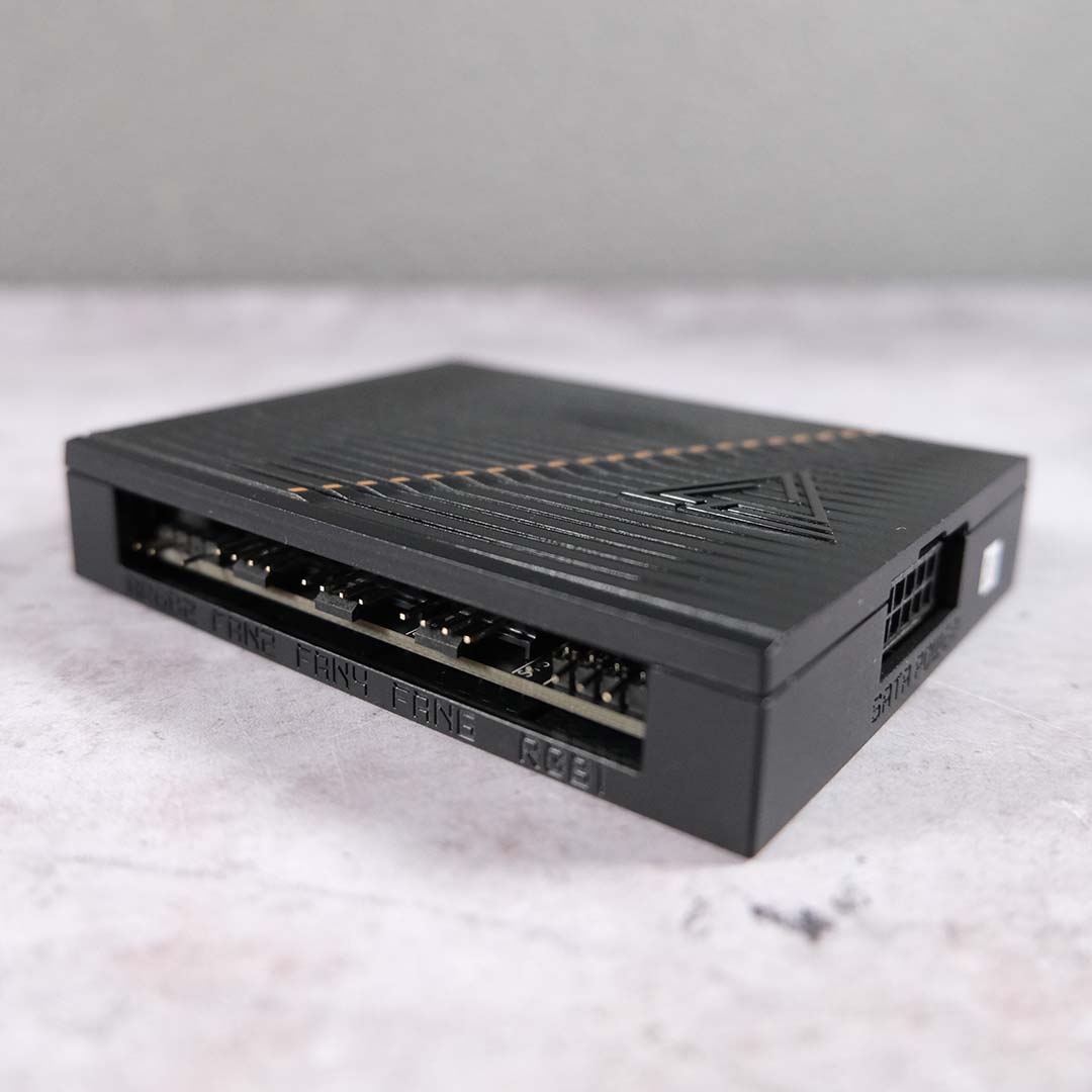 A side-on view of the EZ Bridge accessory, showcasing several of its fan and RGB headers.