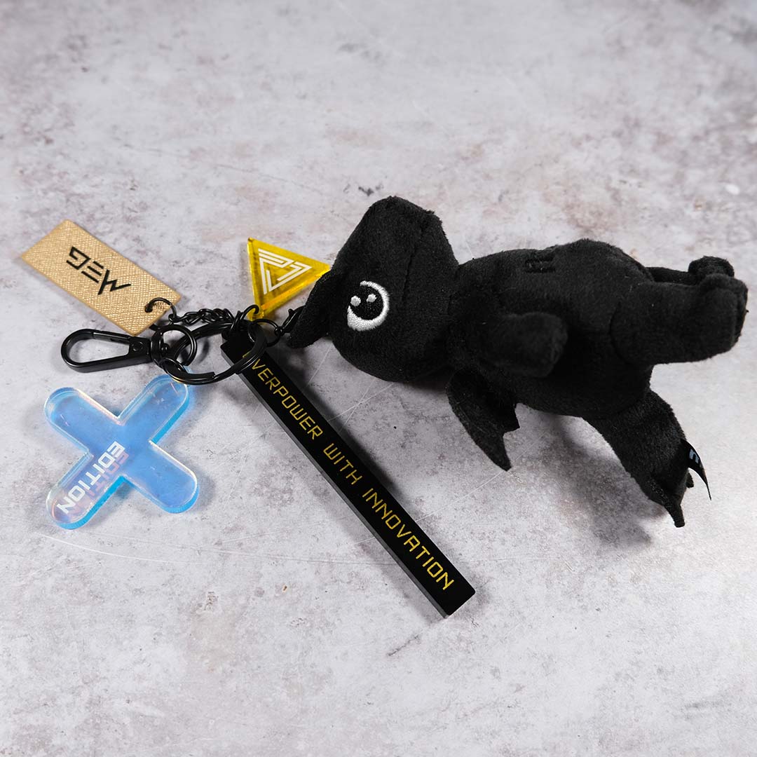 A top-down view of a Lucky the Dragon plush and several key rings.