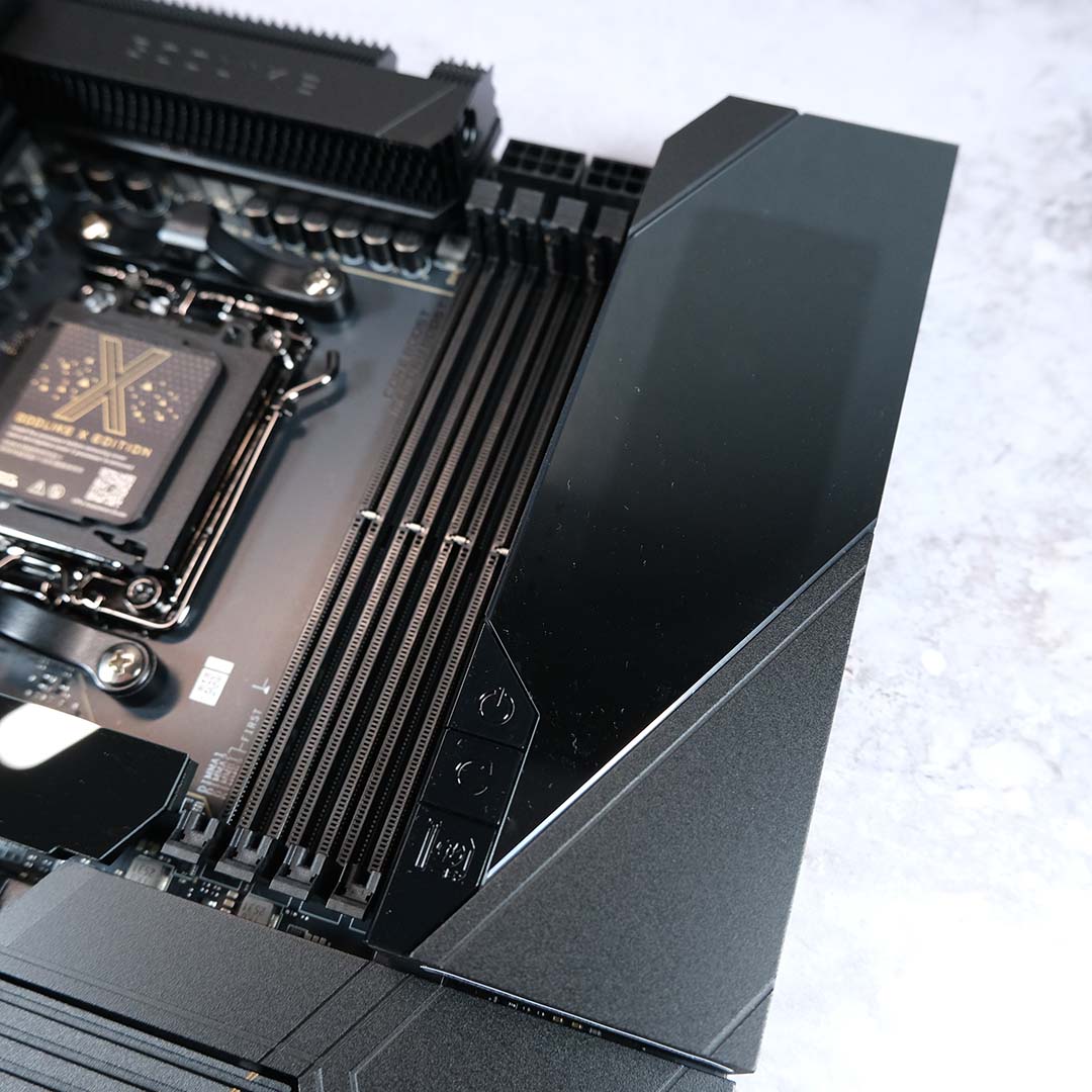 A top-down view of the EZ Bridge, installed on the MSI MEG X870E Godlike X motherboard.