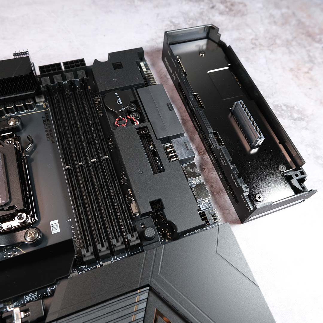A top-down view of the EZ Bridge, removed from the MSI MEG X870E Godlike X motherboard.