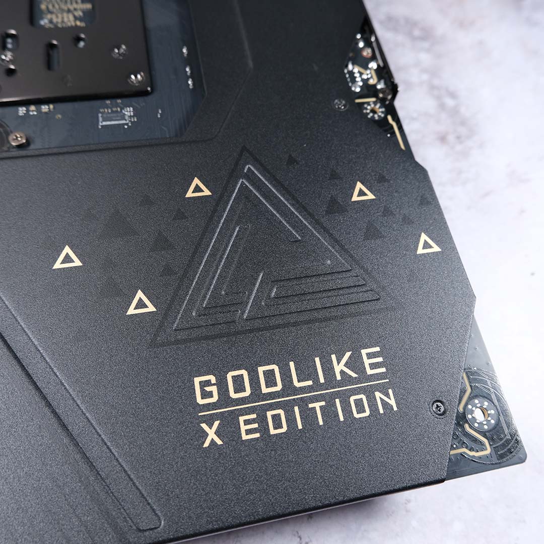 A close-up of the MEG logo and 'Godlike X Edition' text on the backplate.