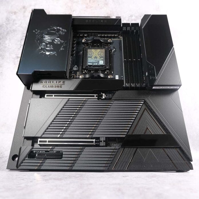 A bottom-up shot of the MSI MEG X870E Godlike X motherboard.