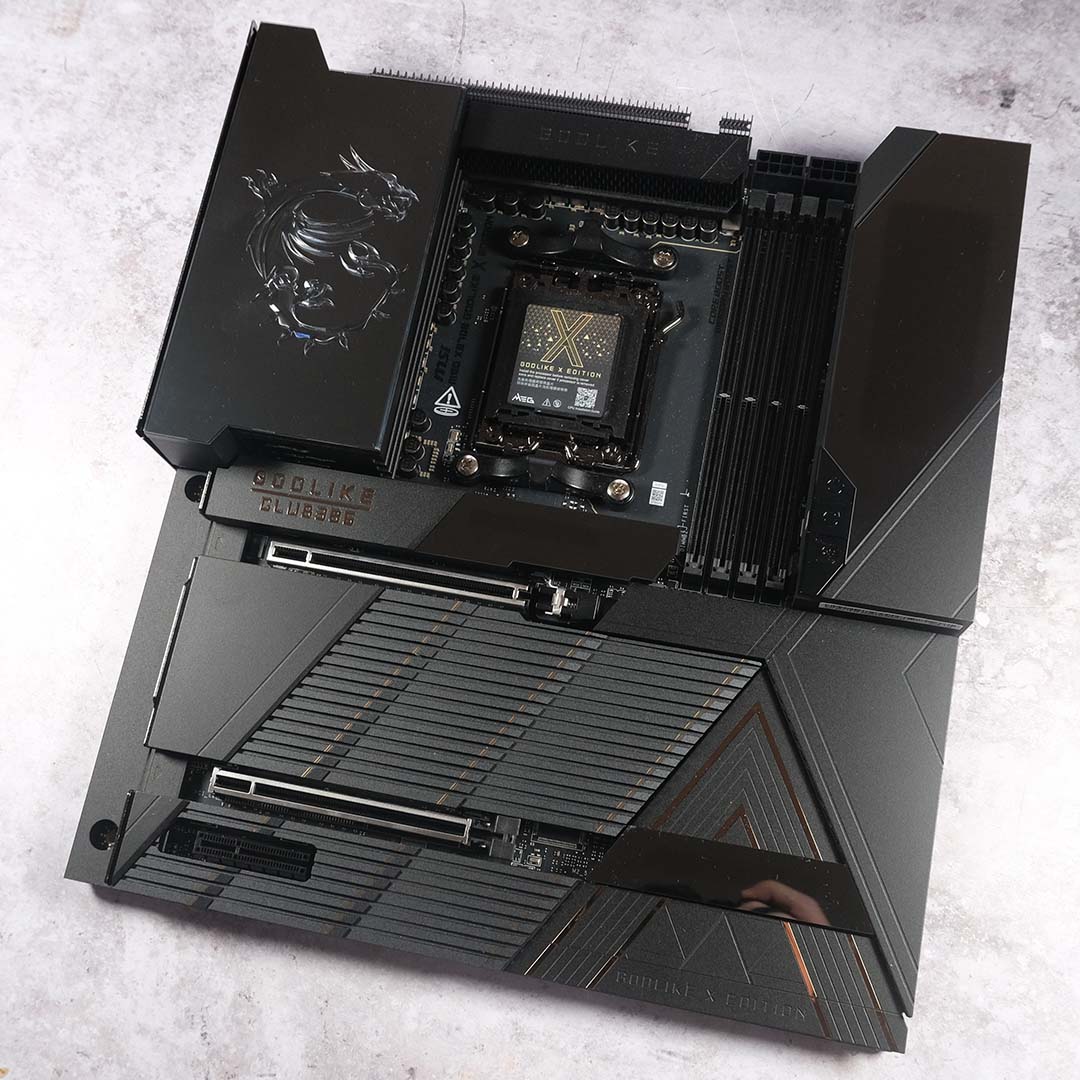 A top-down shot of the MSI MEG X870E Godlike X motherboard.