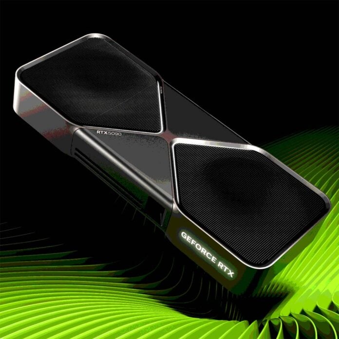 Key art for the Nvidia GeForce RTX 5090 Founders Edition with a posturize effect applied to it.