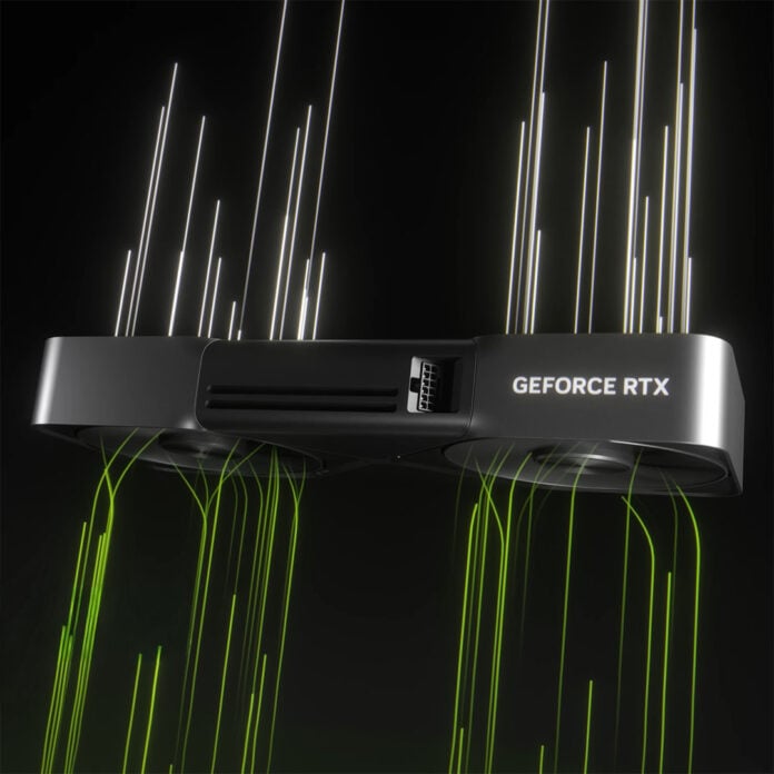 An Nvidia GeForce RTX Founders Edition graphics card, floating against a dark background, with green lights flowing into it and white lights flowing out.