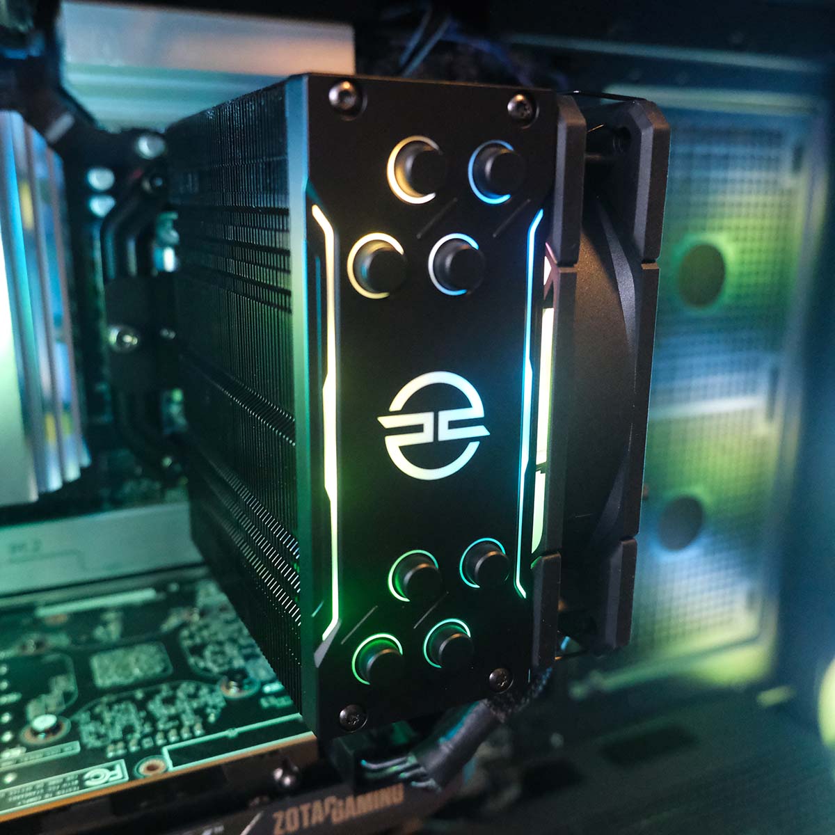 A close-up of the PCS FrostFlow 100 ARGB V3 air cooler inside the PCSpecialist Aegis Pro R gaming PC.