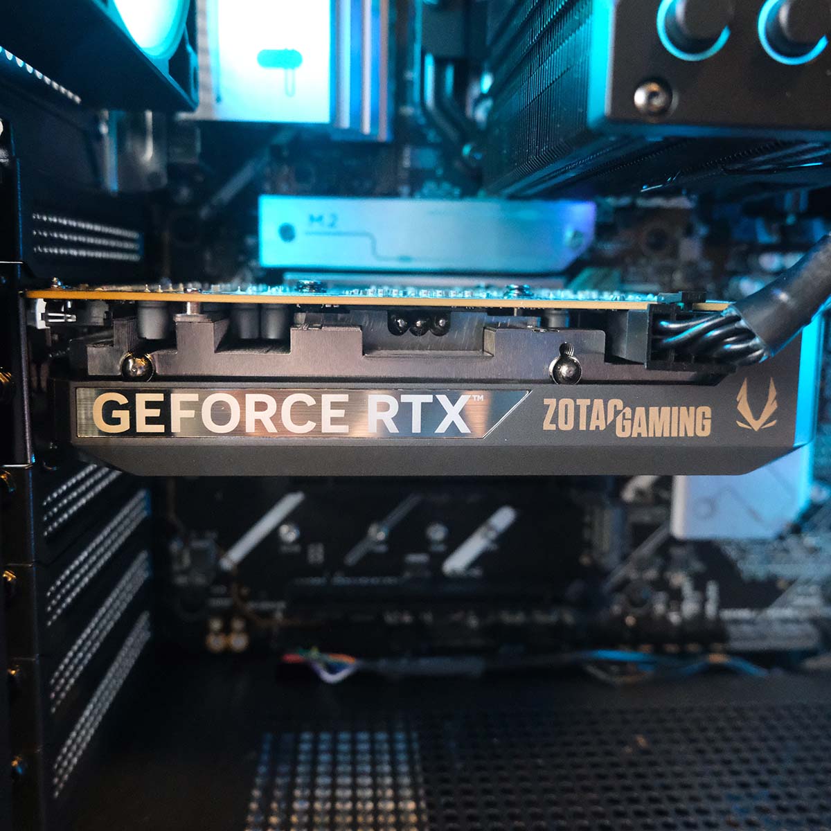 A side-on view of the Zotac GeForce RTX 5060 Solo graphics card inside the PCSpecialist Aegis Pro R gaming PC.