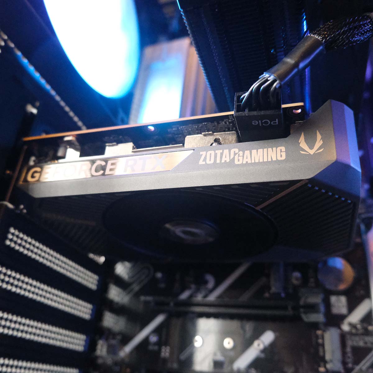 A bottom-up view of the Zotac GeForce RTX 5060 Solo graphics card inside the PCSpecialist Aegis Pro R gaming PC.