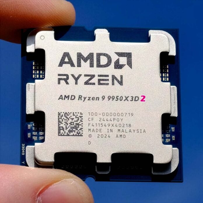A crude mock up of a Ryzen 9 9950X3D2 processor, held between two fingers.