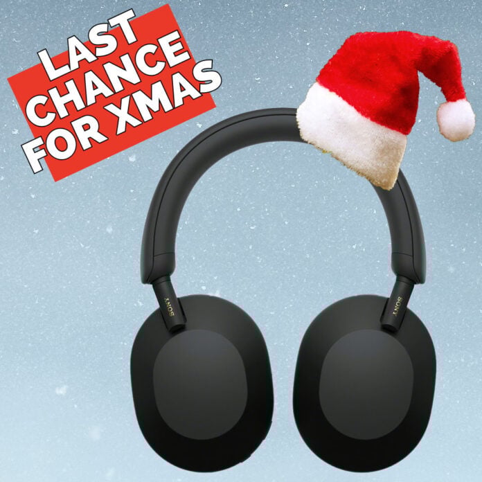 Sony WH-1000XM5 headphones, wearing a Santa hat, with a sign reading 'last chance for xmas' floating above it.