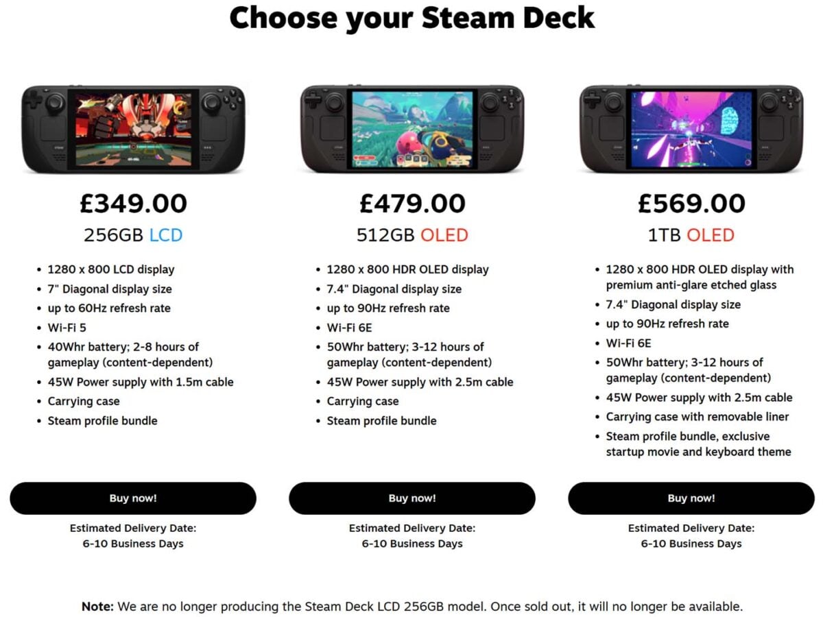 A screenshot from Valve's Steam Deck store page, including a disclaimer that Steam Deck LCD production has ceased.