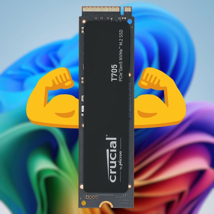 A Crucial T705 SSD stands upright, with emoji muscle arms poking out from either side, against a blurry Windows 11 backdrop.