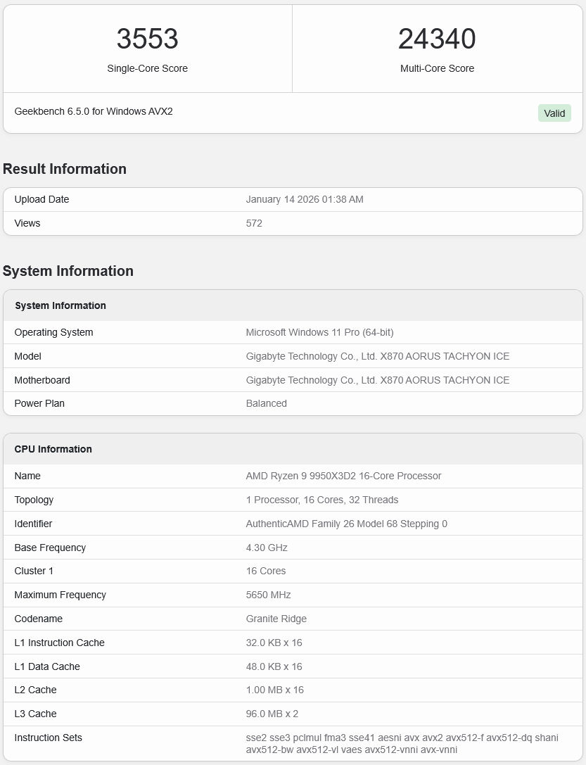 AMD Ryzen 9950X3D2 in Geekbench.