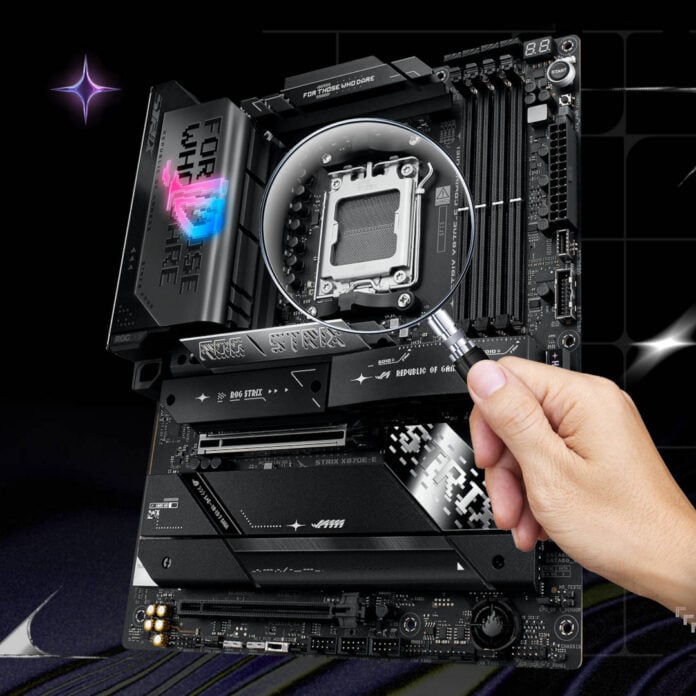 Asus motherboard with a magnifying glass.