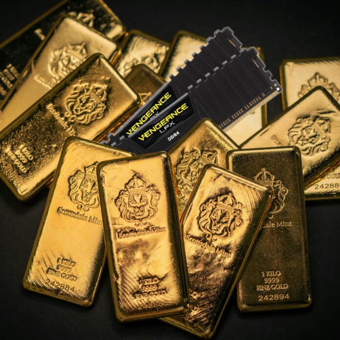 Corsair DDR4 memory alongside gold.