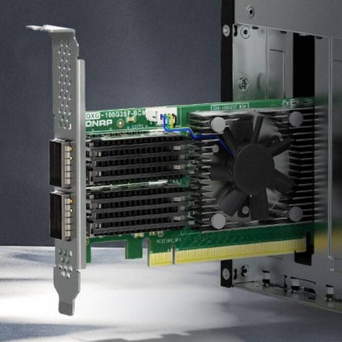 QNAP QXG-100G2SF-BCM dual-port 100GbE network expansion card.