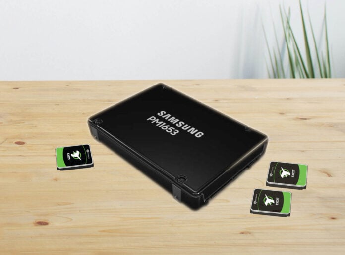 SSD and HDDs on a table.