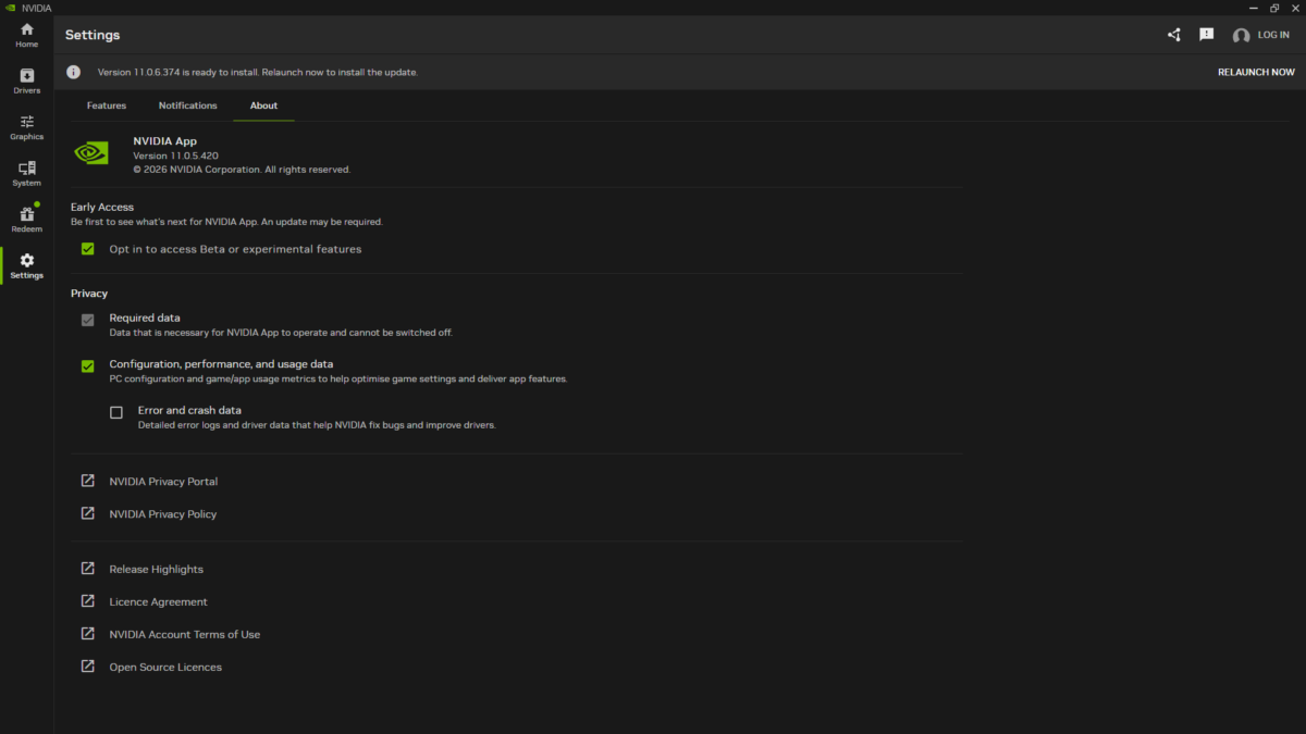 A screenshot of the Nvidia App, showcasing the update notification banner following an opt-in to beta features.