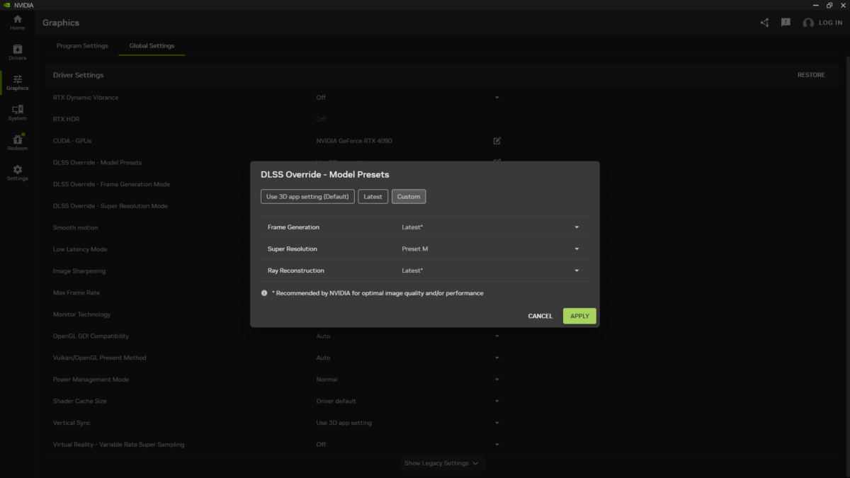 A screenshot of the Nvidia App, showcasing the DLSS Override - Model Presets window, with Super Resolution set to 'Model M'.