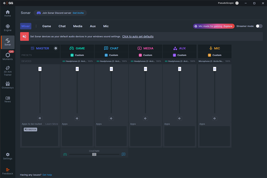SteelSeries Arctis Nova Elite Sonar mixing
