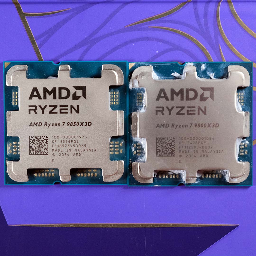 An AMD Ryzen 7 9850X3D (left) and Ryzen 7 9800X3D (right) atop a purple background.