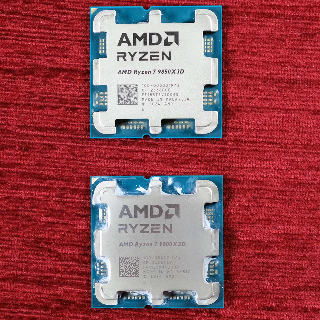 An AMD Ryzen 7 9850X3D (left) and Ryzen 7 9800X3D (right) atop a red background.