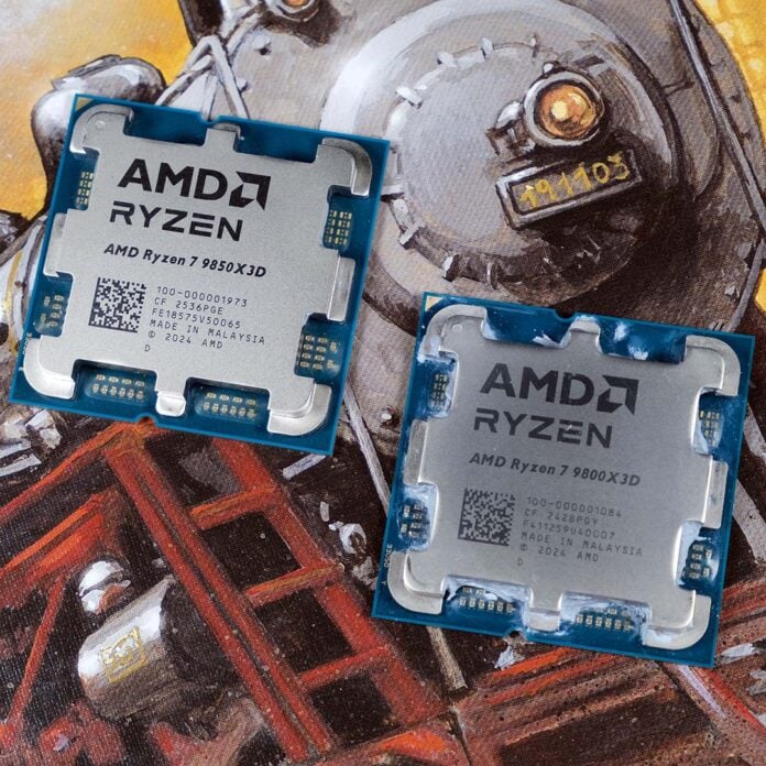 An AMD Ryzen 7 9850X3D (left) and Ryzen 7 9800X3D (right) atop a background containing a train.
