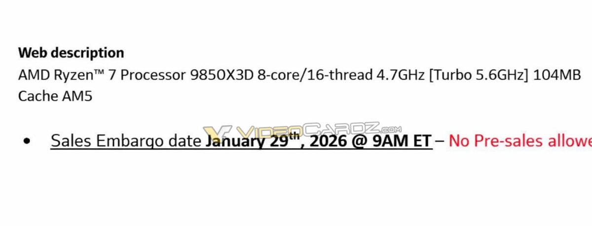 AMD Ryzen 7 9850X3D release date leak shared by Videocardz